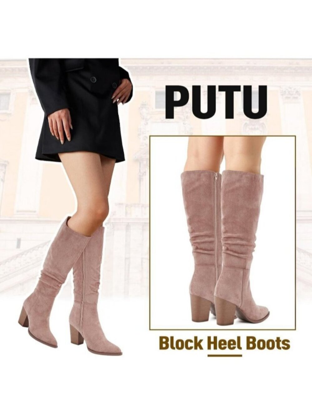 Women's Rosy Brown Slouchy Knee High Boots Faux Suede Pointed Toe Chunky Heel - Picture 7 of 7